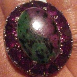 BIG MOZAMBIQUE RED GARNET RING WITH RUBY ZOISTE, WHITE DIAMOND RING